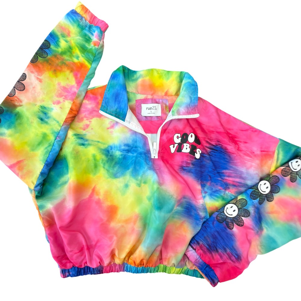 rue21 Womens Rainbow Tie Dye Good Vibes Quarter Zip Windbreaker Jacket Large